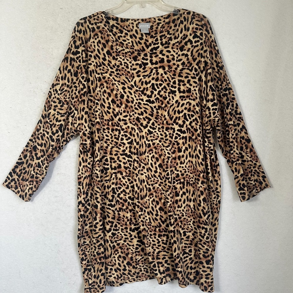 Chicos dress sz 3 (XL) Animal Print shift long sleeve dropped shoulder leopard